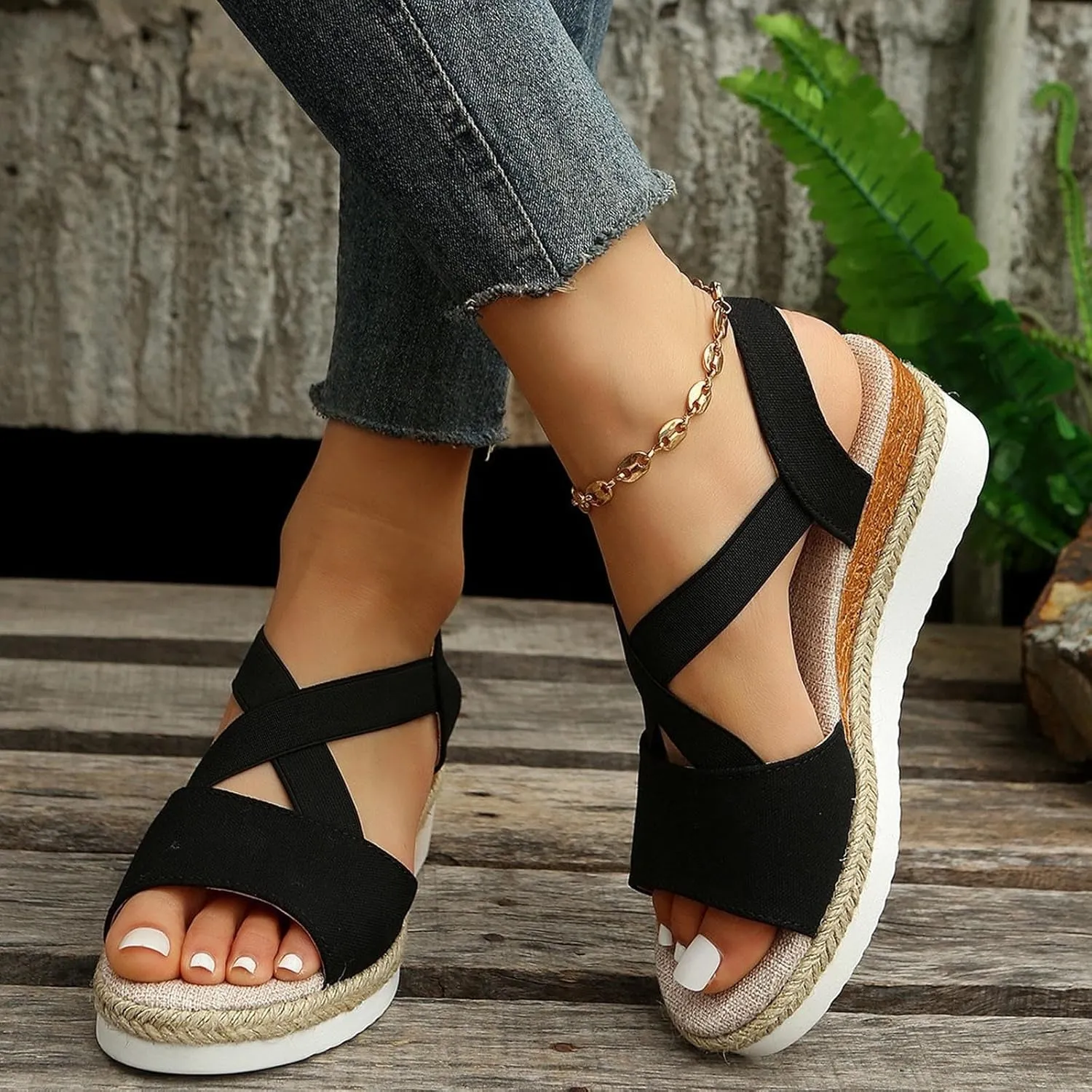 Women's High Elastic Cross Sandal Thick Strappy Open Toe Shoe Stretch Platform Flat Solid Braided Flats