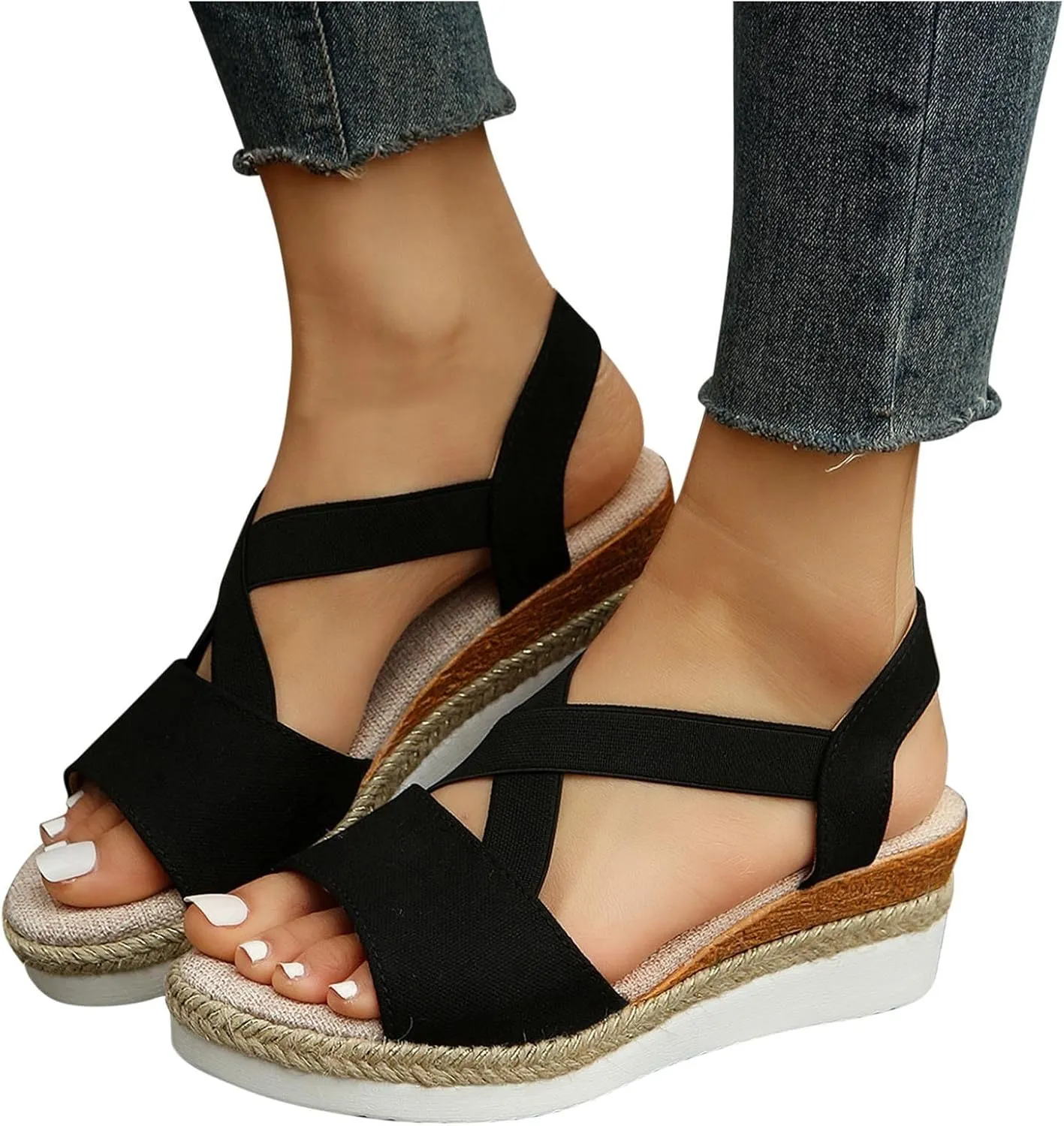 Women's High Elastic Cross Sandal Thick Strappy Open Toe Shoe Stretch Platform Flat Solid Braided Flats