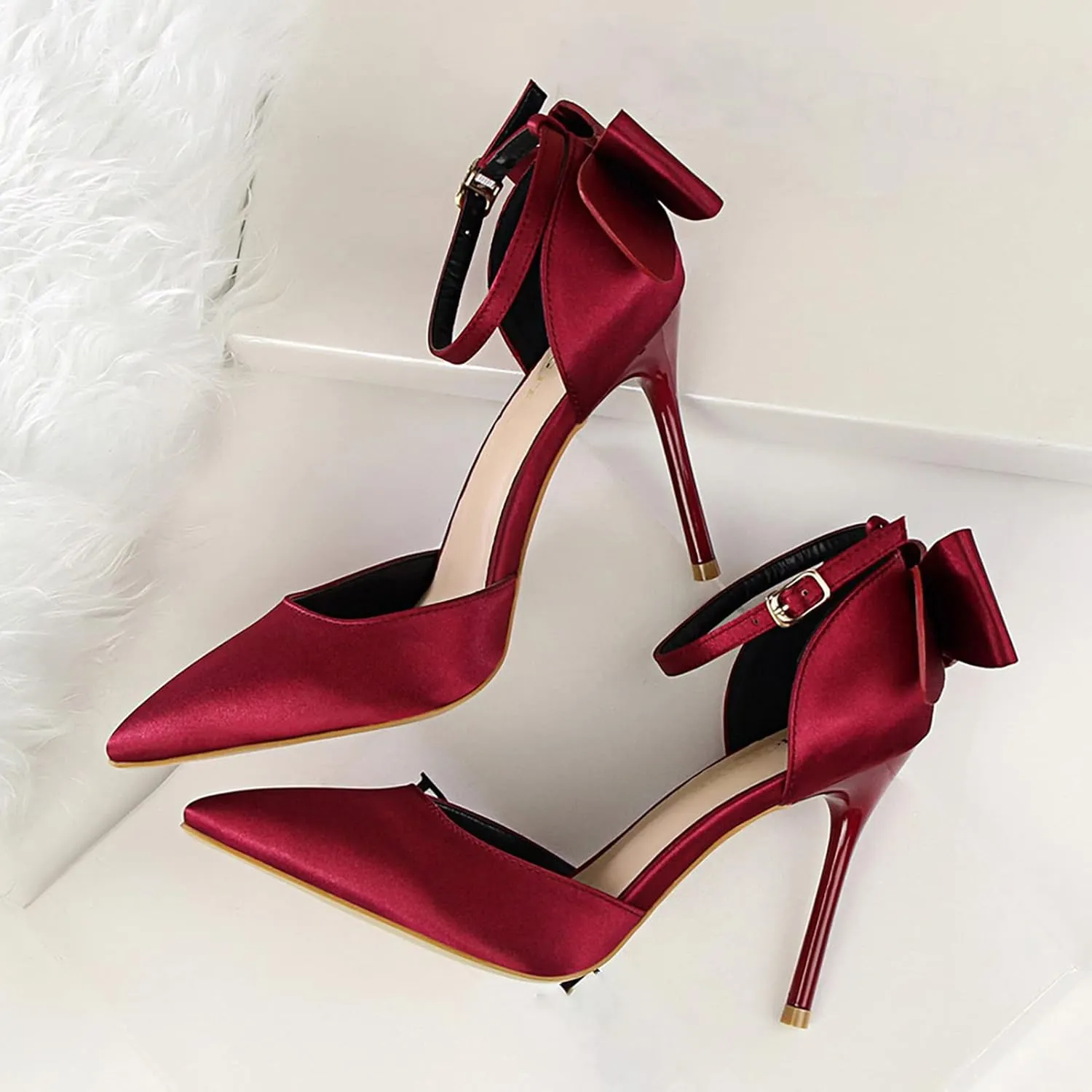Womens High Heels Bow Back Strappy Wedding Dress Shoes Sexy Point Closed Toe Stiletto Sandals Ankle Strap D'Orsay Pumps