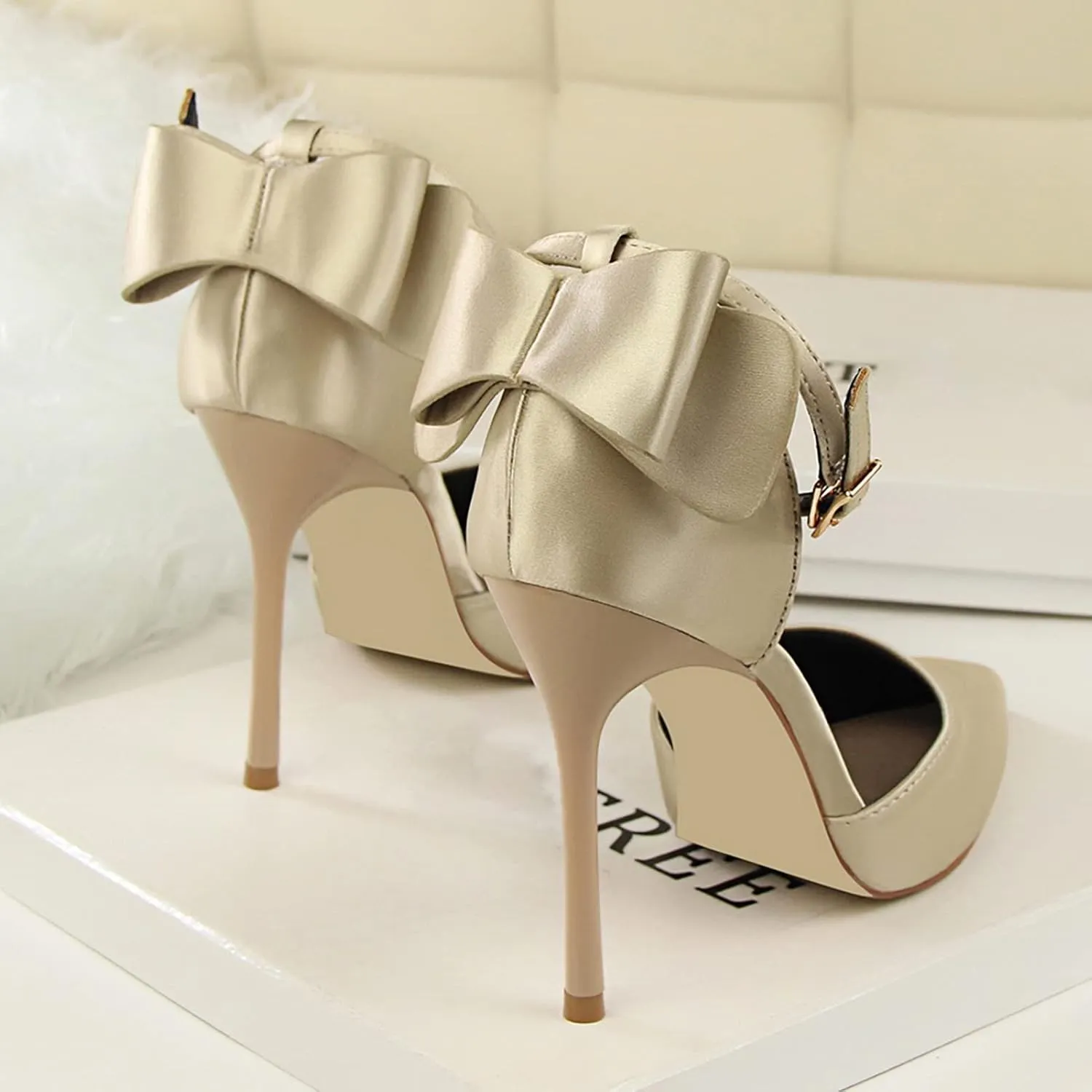 Womens High Heels Bow Back Strappy Wedding Dress Shoes Sexy Point Closed Toe Stiletto Sandals Ankle Strap D'Orsay Pumps