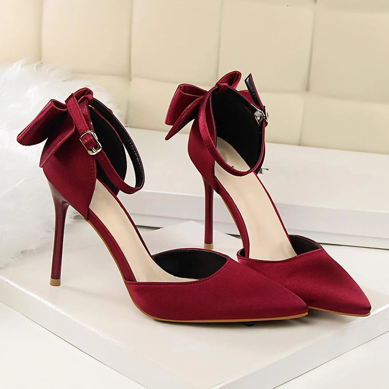 Womens High Heels Bow Back Strappy Wedding Dress Shoes Sexy Point Closed Toe Stiletto Sandals Ankle Strap D'Orsay Pumps