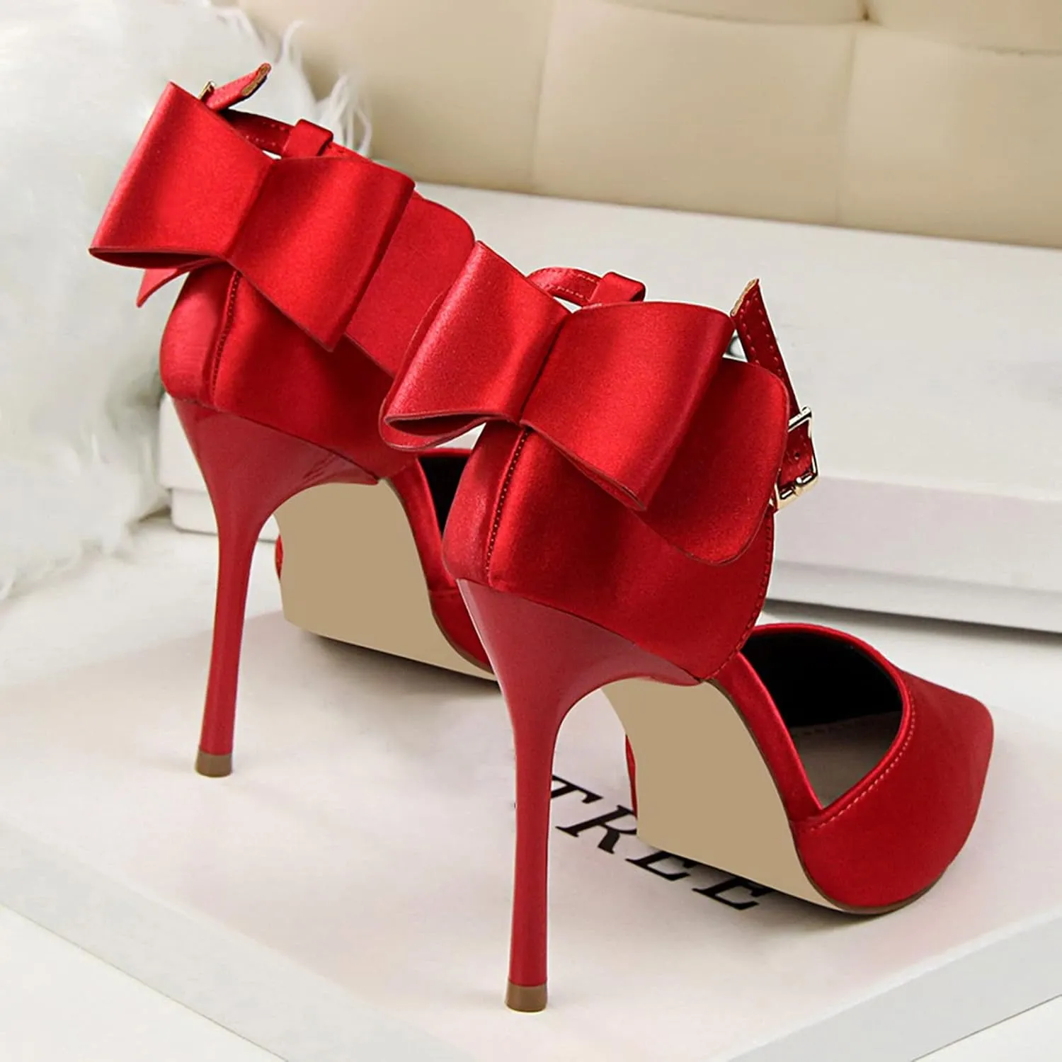 Womens High Heels Bow Back Strappy Wedding Dress Shoes Sexy Point Closed Toe Stiletto Sandals Ankle Strap D'Orsay Pumps