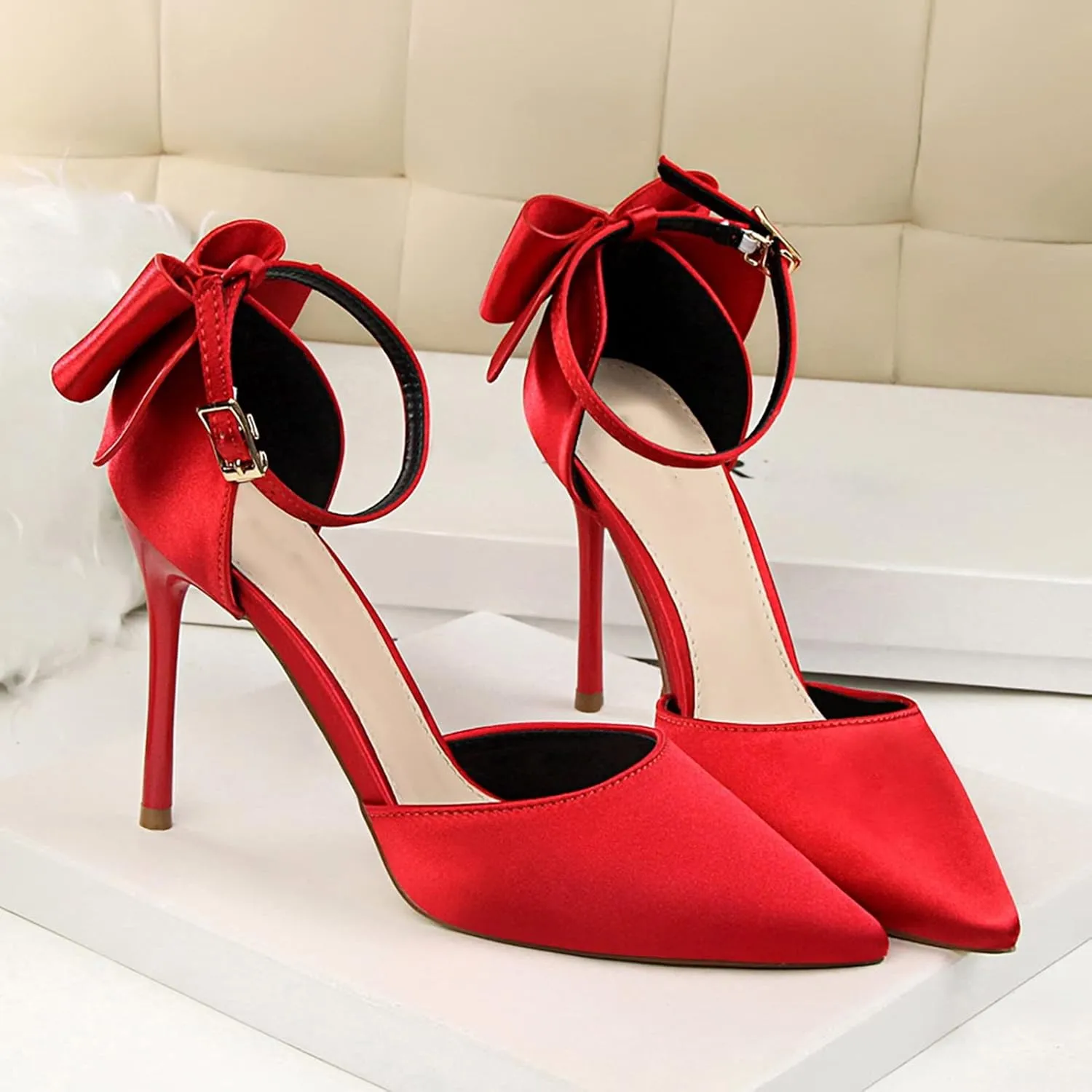 Womens High Heels Bow Back Strappy Wedding Dress Shoes Sexy Point Closed Toe Stiletto Sandals Ankle Strap D'Orsay Pumps