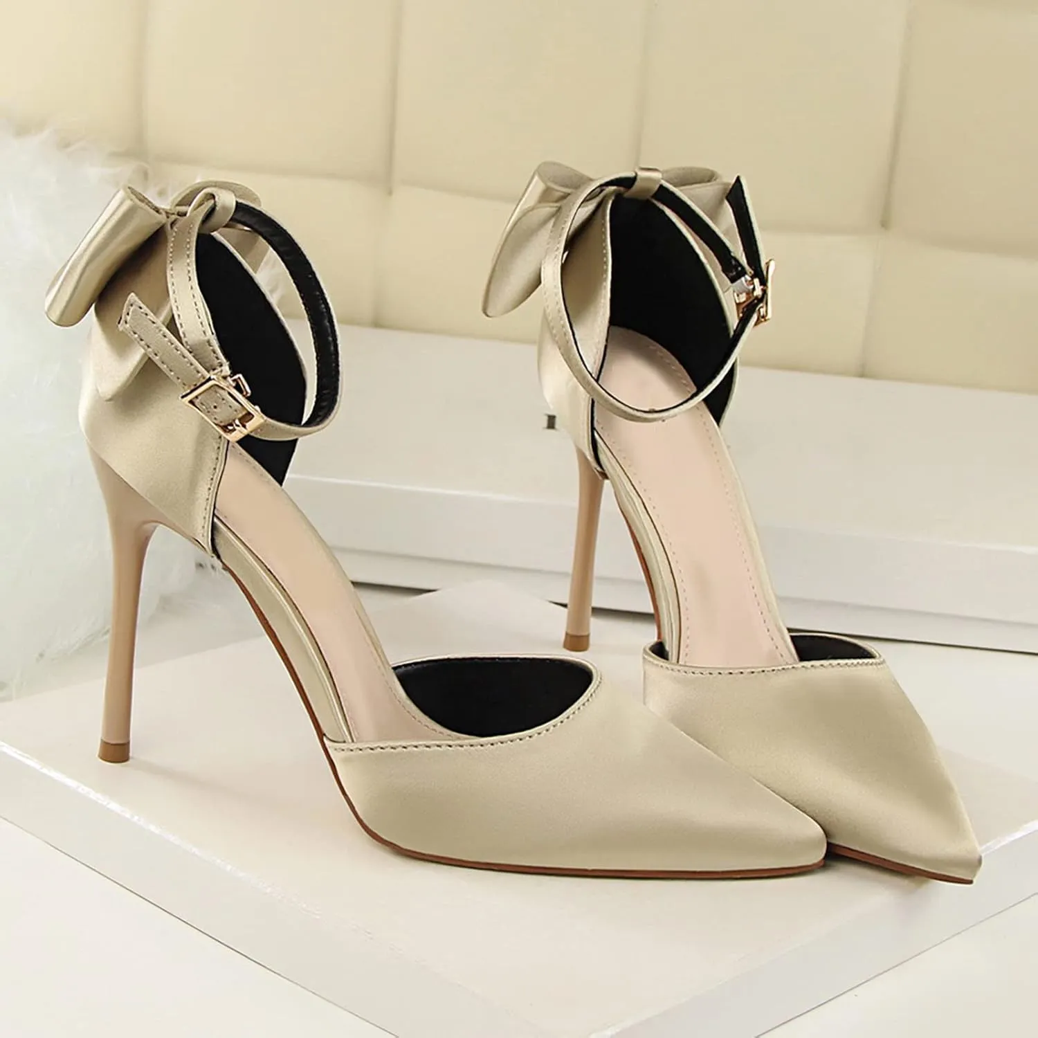 Womens High Heels Bow Back Strappy Wedding Dress Shoes Sexy Point Closed Toe Stiletto Sandals Ankle Strap D'Orsay Pumps