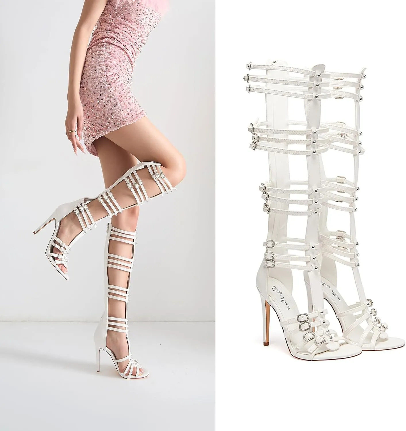 Women's Knee High Boots Hollow Open Toe Stiletto Heel Metal Bead Rhinestone Bukles 4.3IN Nightclub Party Wedding Shoes
