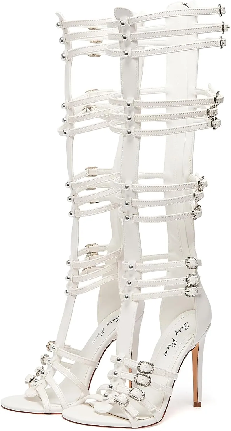 Women's Knee High Boots Hollow Open Toe Stiletto Heel Metal Bead Rhinestone Bukles 4.3IN Nightclub Party Wedding Shoes