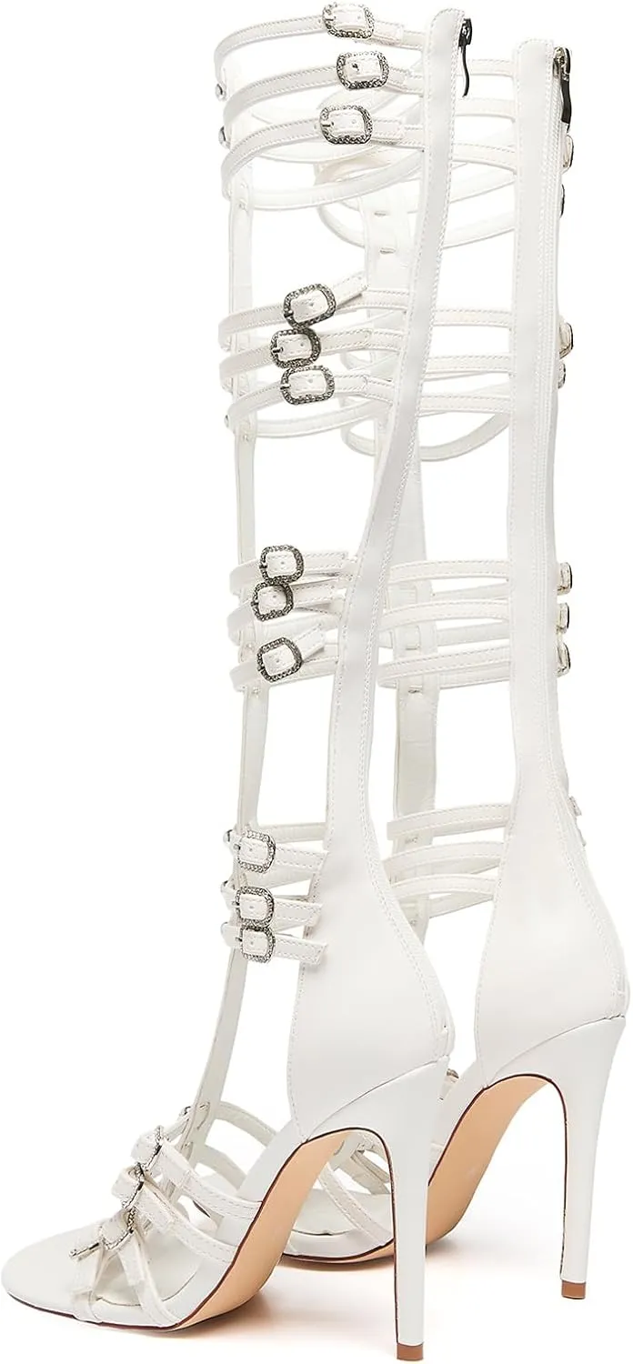 Women's Knee High Boots Hollow Open Toe Stiletto Heel Metal Bead Rhinestone Bukles 4.3IN Nightclub Party Wedding Shoes