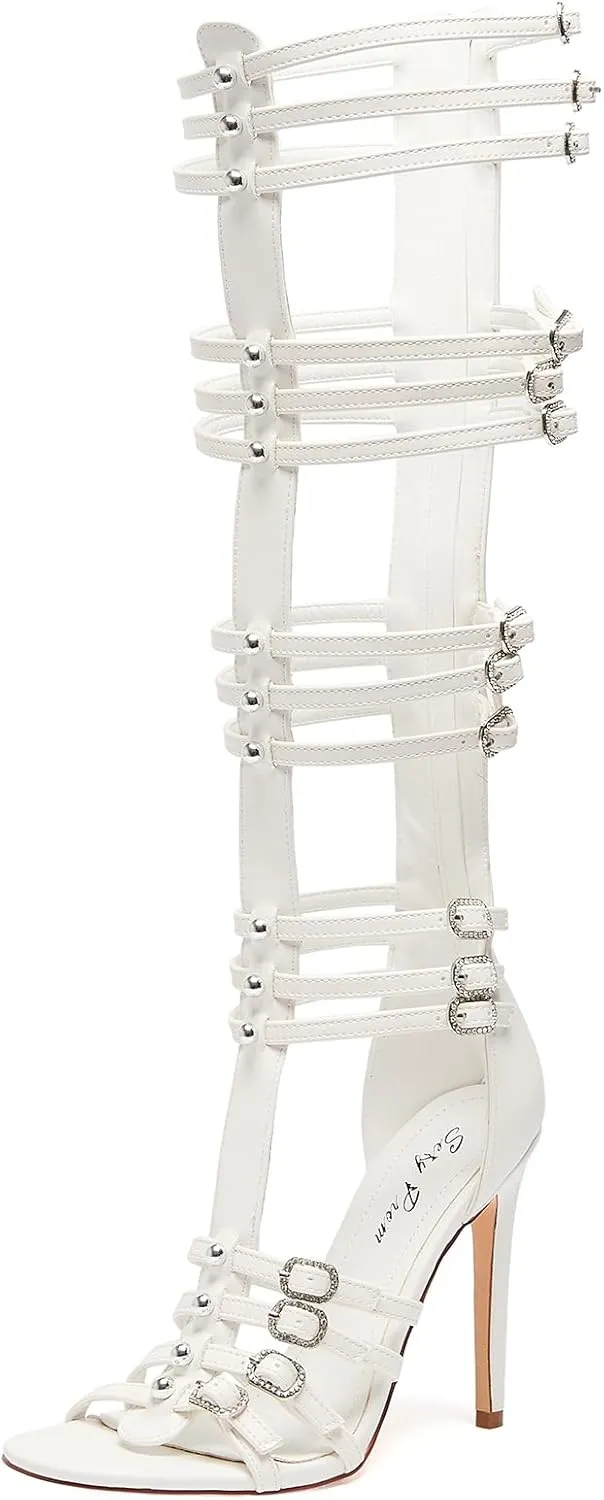 Women's Knee High Boots Hollow Open Toe Stiletto Heel Metal Bead Rhinestone Bukles 4.3IN Nightclub Party Wedding Shoes