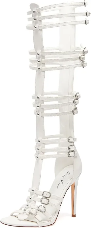 Women's Knee High Boots Hollow Open Toe Stiletto Heel Metal Bead Rhinestone Bukles 4.3IN Nightclub Party Wedding Shoes