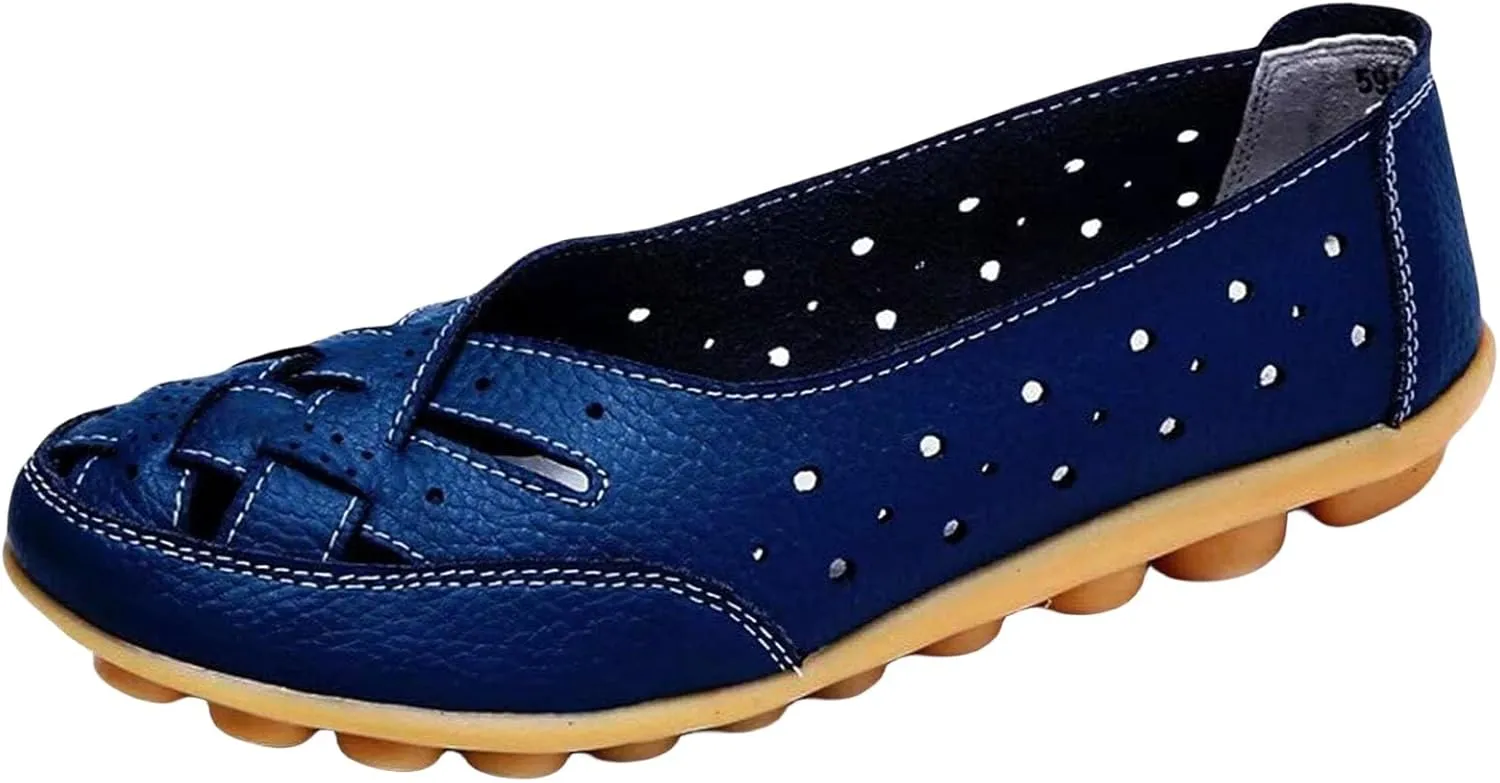 Womens Leather Loafers Hollow Out Breathable Soft Flats Slip on Casual Sandals Lightweight Round Toe Fashion Summer Sandals Comfortable Driving Walking Shoes