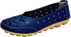 Womens Leather Loafers Hollow Out Breathable Soft Flats Slip on Casual Sandals Lightweight Round Toe Fashion Summer Sandals Comfortable Driving Walking Shoes