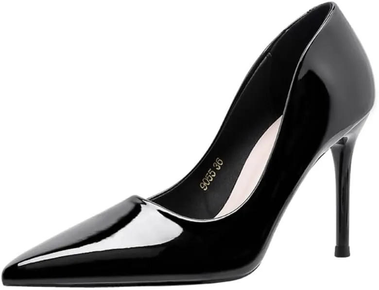Women's Patent Leather Pumps - Pointed Toe 4 Inch/10cm Stiletto Heels with red Outsole, Slip-On Party & Wedding Dress Shoes
