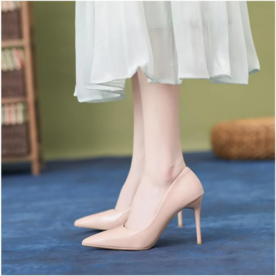 Women's Patent Leather Pumps - Pointed Toe 4 Inch/10cm Stiletto Heels with red Outsole, Slip-On Party & Wedding Dress Shoes