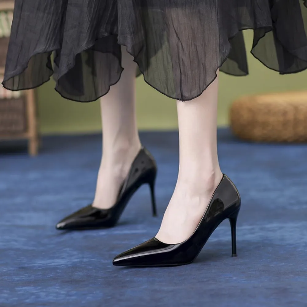 Women's Patent Leather Pumps - Pointed Toe 4 Inch/10cm Stiletto Heels with red Outsole, Slip-On Party & Wedding Dress Shoes
