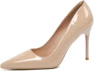 Women's Patent Leather Pumps - Pointed Toe 4 Inch/10cm Stiletto Heels with red Outsole, Slip-On Party & Wedding Dress Shoes