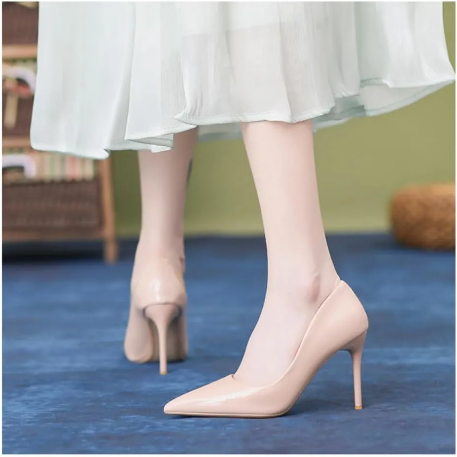 Women's Patent Leather Pumps - Pointed Toe 4 Inch/10cm Stiletto Heels with red Outsole, Slip-On Party & Wedding Dress Shoes
