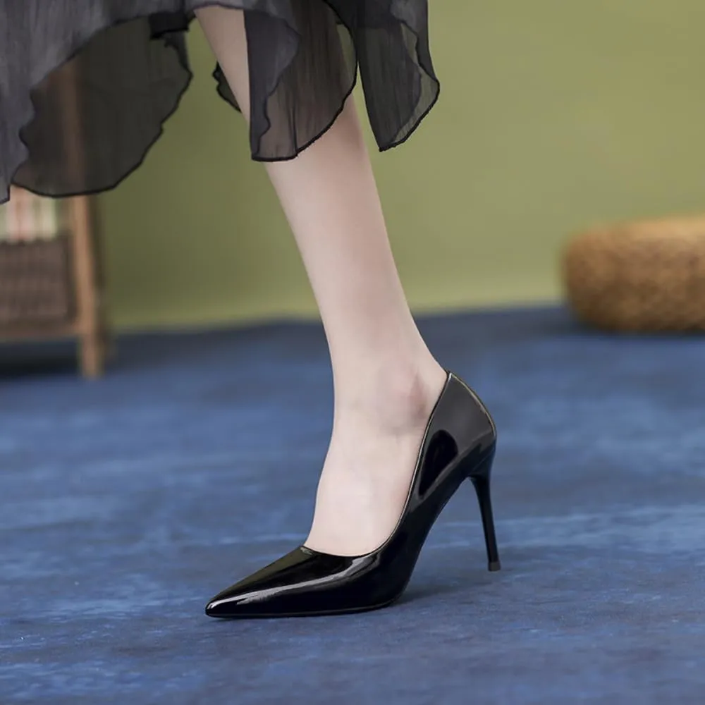 Women's Patent Leather Pumps - Pointed Toe 4 Inch/10cm Stiletto Heels with red Outsole, Slip-On Party & Wedding Dress Shoes