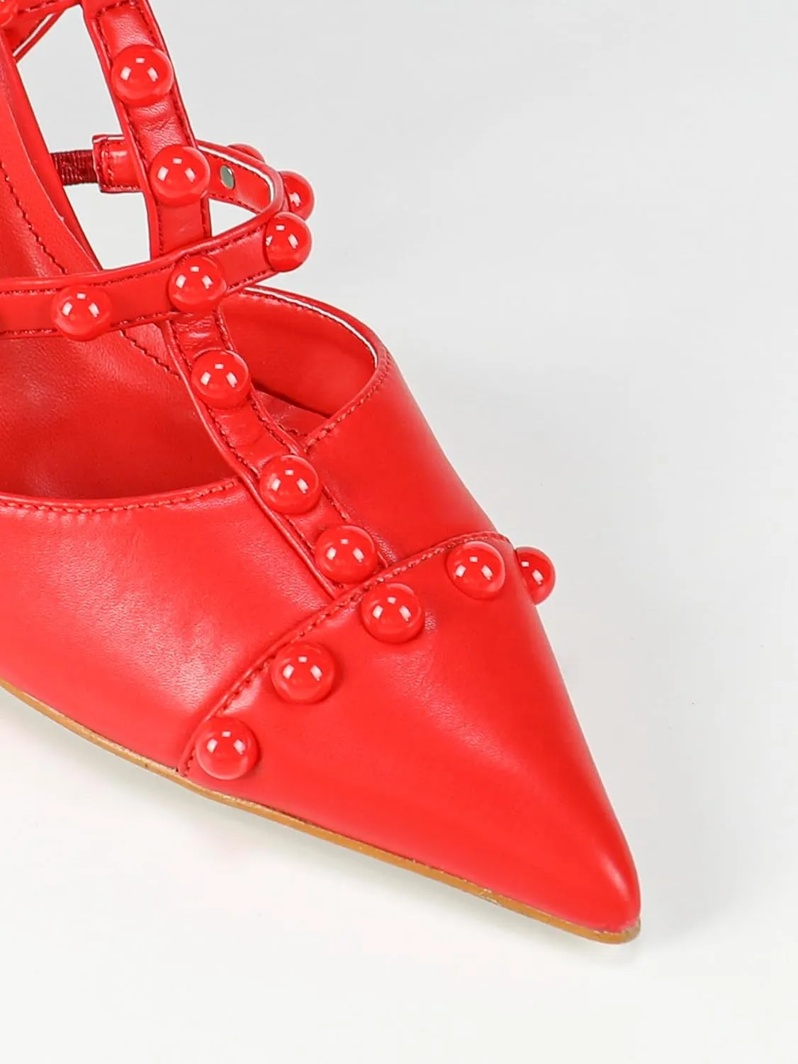 Women's Red Leather High Heel Sandals – Punk-Inspired Crisscross Strap Stilettos – Rivet-Embellished Pointed-Toe Party Pumps with Adjustable Ankle Buckle (Sizes 6-10.5)