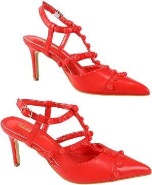 Women's Red Leather High Heel Sandals – Punk-Inspired Crisscross Strap Stilettos – Rivet-Embellished Pointed-Toe Party Pumps with Adjustable Ankle Buckle (Sizes 6-10.5)