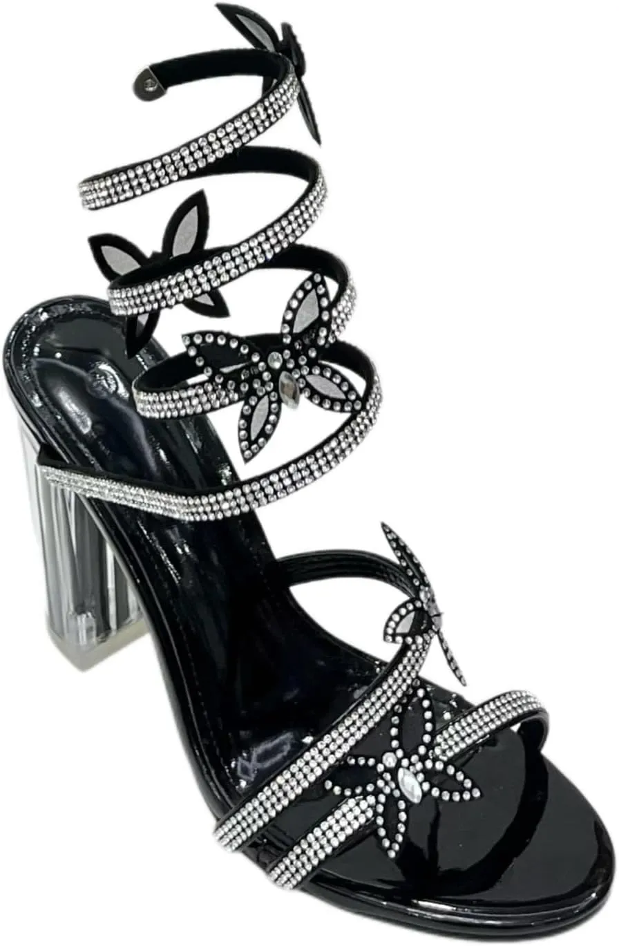 Women's Rhinestone Crystal Butterfly Spiral Ankle Strap Transparent Chunky Heels Open Toe High Heel Sandals