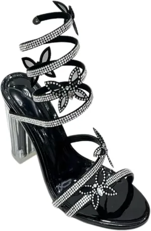 Women's Rhinestone Crystal Butterfly Spiral Ankle Strap Transparent Chunky Heels Open Toe High Heel Sandals