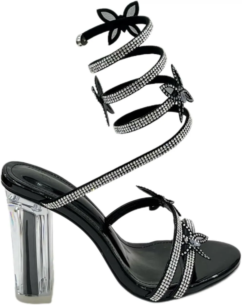 Women's Rhinestone Crystal Butterfly Spiral Ankle Strap Transparent Chunky Heels Open Toe High Heel Sandals