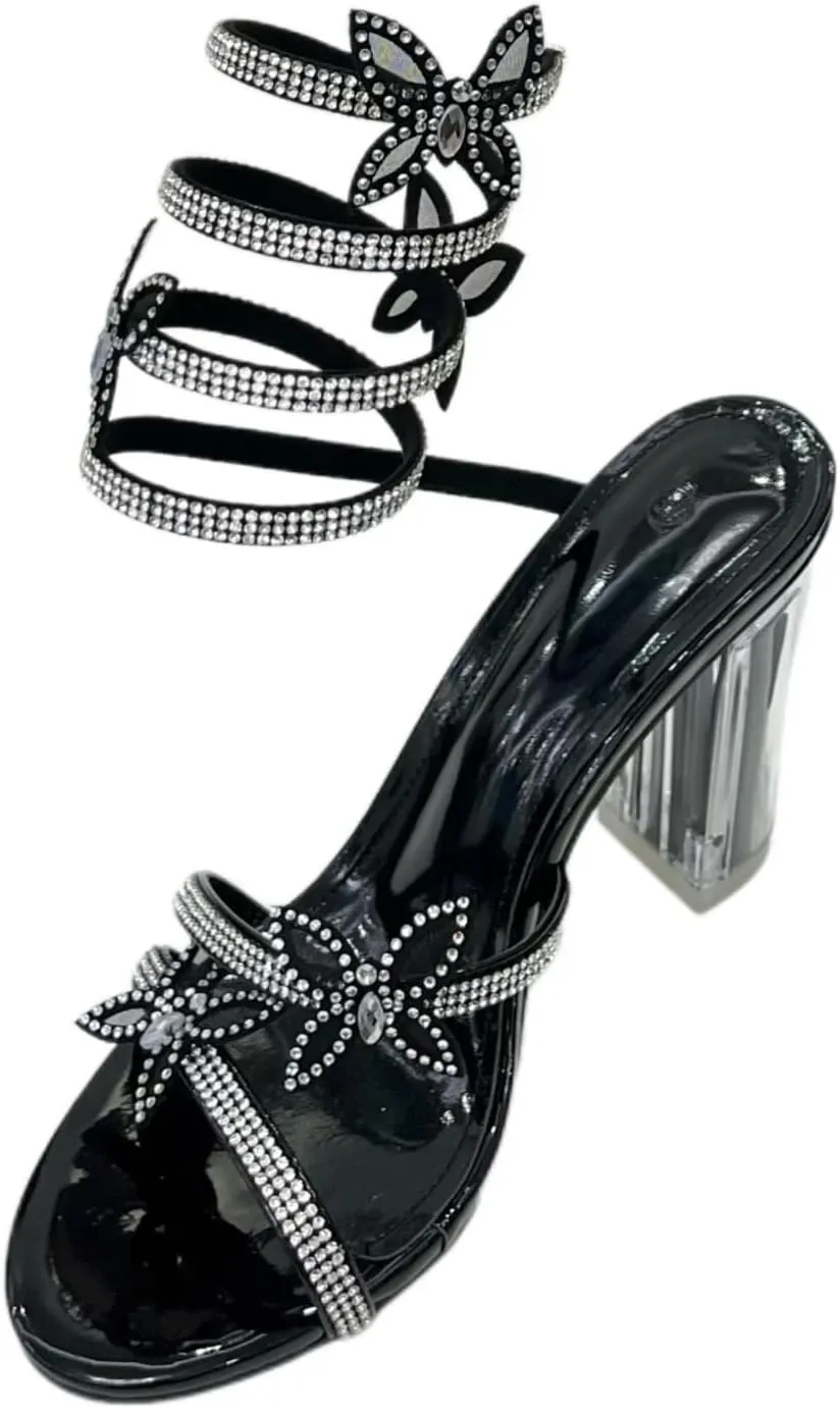 Women's Rhinestone Crystal Butterfly Spiral Ankle Strap Transparent Chunky Heels Open Toe High Heel Sandals