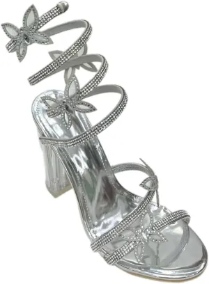 Women's Rhinestone Crystal Butterfly Spiral Ankle Strap Transparent Chunky Heels Open Toe High Heel Sandals