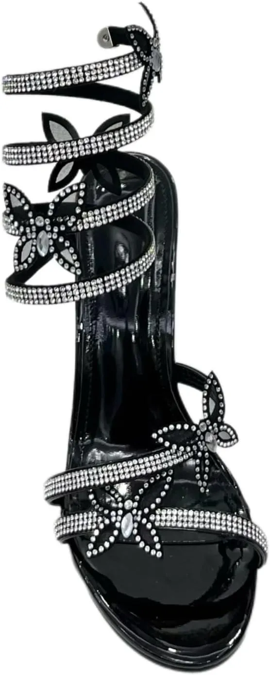 Women's Rhinestone Crystal Butterfly Spiral Ankle Strap Transparent Chunky Heels Open Toe High Heel Sandals