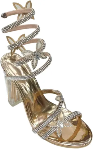 Women's Rhinestone Crystal Butterfly Spiral Ankle Strap Transparent Chunky Heels Open Toe High Heel Sandals