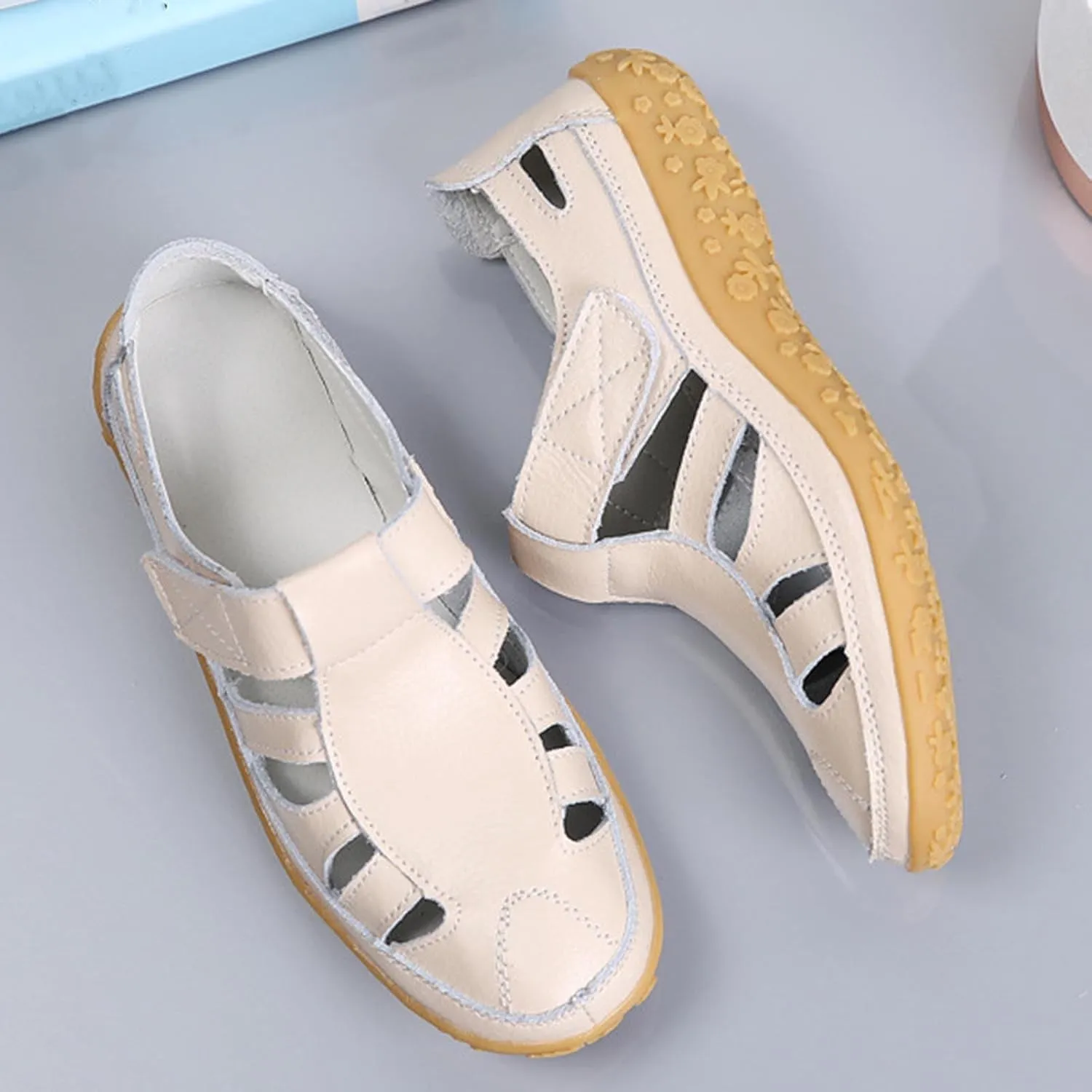 Women's Rubber Sole Orthopedic Sandals Anti-Slip Hollow Out Shoe Hook and Loop Closed Toe Trendy Flats