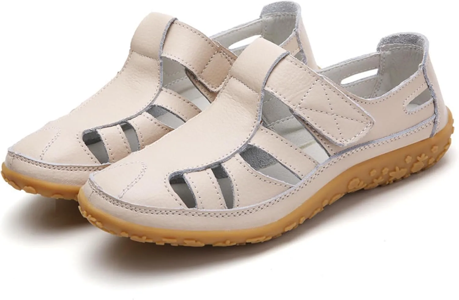 Women's Rubber Sole Orthopedic Sandals Anti-Slip Hollow Out Shoe Hook and Loop Closed Toe Trendy Flats