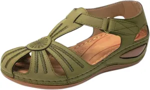 Womens Sandals Dressy Wedge Sandals Closed Toe Summer Beach Shoes Low Wedge Ankle Strap Sandal Hook and Loop Vintage Walking Shoes Outdoor Footwear Comfy 2025 Fashion Comfort Wear Shoe for Women
