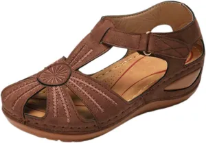 Womens Sandals Dressy Wedge Sandals Closed Toe Summer Beach Shoes Low Wedge Ankle Strap Sandal Hook and Loop Vintage Walking Shoes Outdoor Footwear Comfy 2025 Fashion Comfort Wear Shoe for Women
