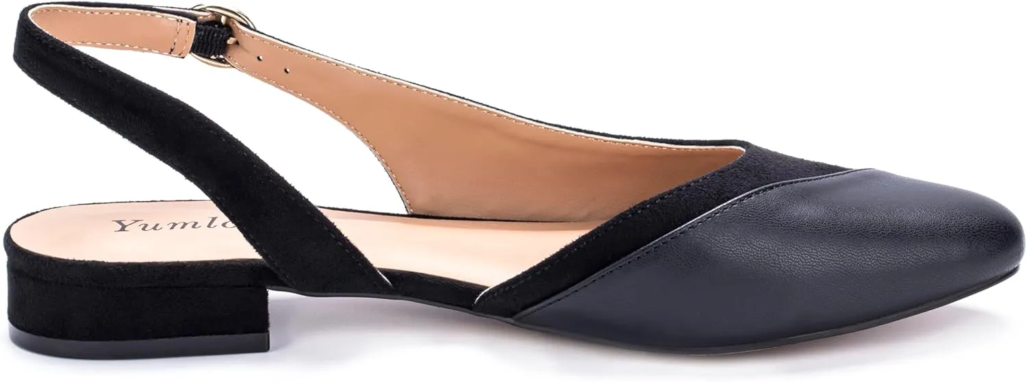 Women's Slingback Low Heel Pumps - 0.9" Comfort Heel, Adjustable Strap & Breathable Materials (Emerald Green/Black/Nude)