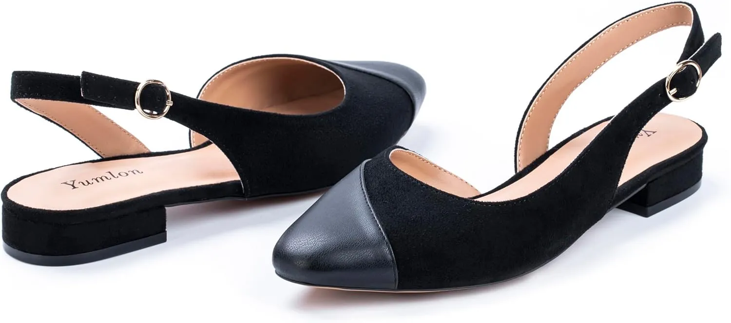 Women's Slingback Low Heel Pumps - 0.9" Comfort Heel, Adjustable Strap & Breathable Materials (Emerald Green/Black/Nude)