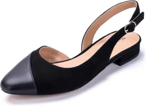 Women's Slingback Low Heel Pumps - 0.9" Comfort Heel, Adjustable Strap & Breathable Materials (Emerald Green/Black/Nude)