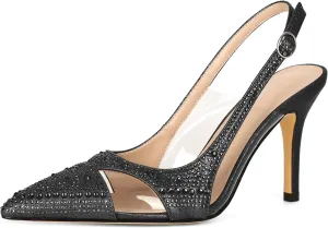 Women's Stiletto Heels for Women Sparkly Heeled Pump Rhinestone Heel Slingback Pumps Pointed Toe Shoes Elegant 3.5 Inch