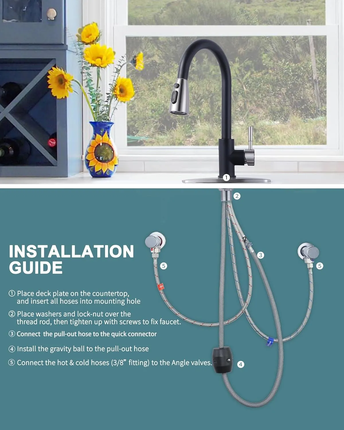 WOWOW Kitchen Faucets for Sink 1 or 3 Hole, High Arc Stainless Steel Kitchen Sink Faucet with Sprayer, Brushed Nickel and Black Faucet for Kitchen RV Laundry Sinks