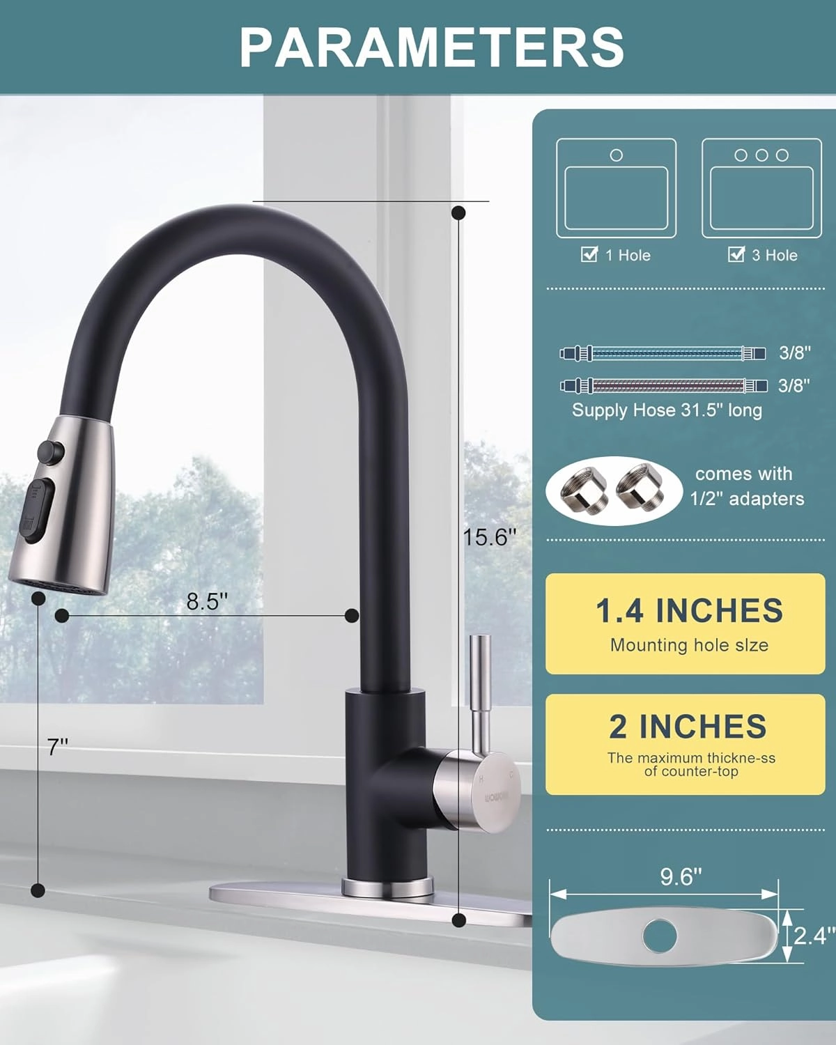 WOWOW Kitchen Faucets for Sink 1 or 3 Hole, High Arc Stainless Steel Kitchen Sink Faucet with Sprayer, Brushed Nickel and Black Faucet for Kitchen RV Laundry Sinks
