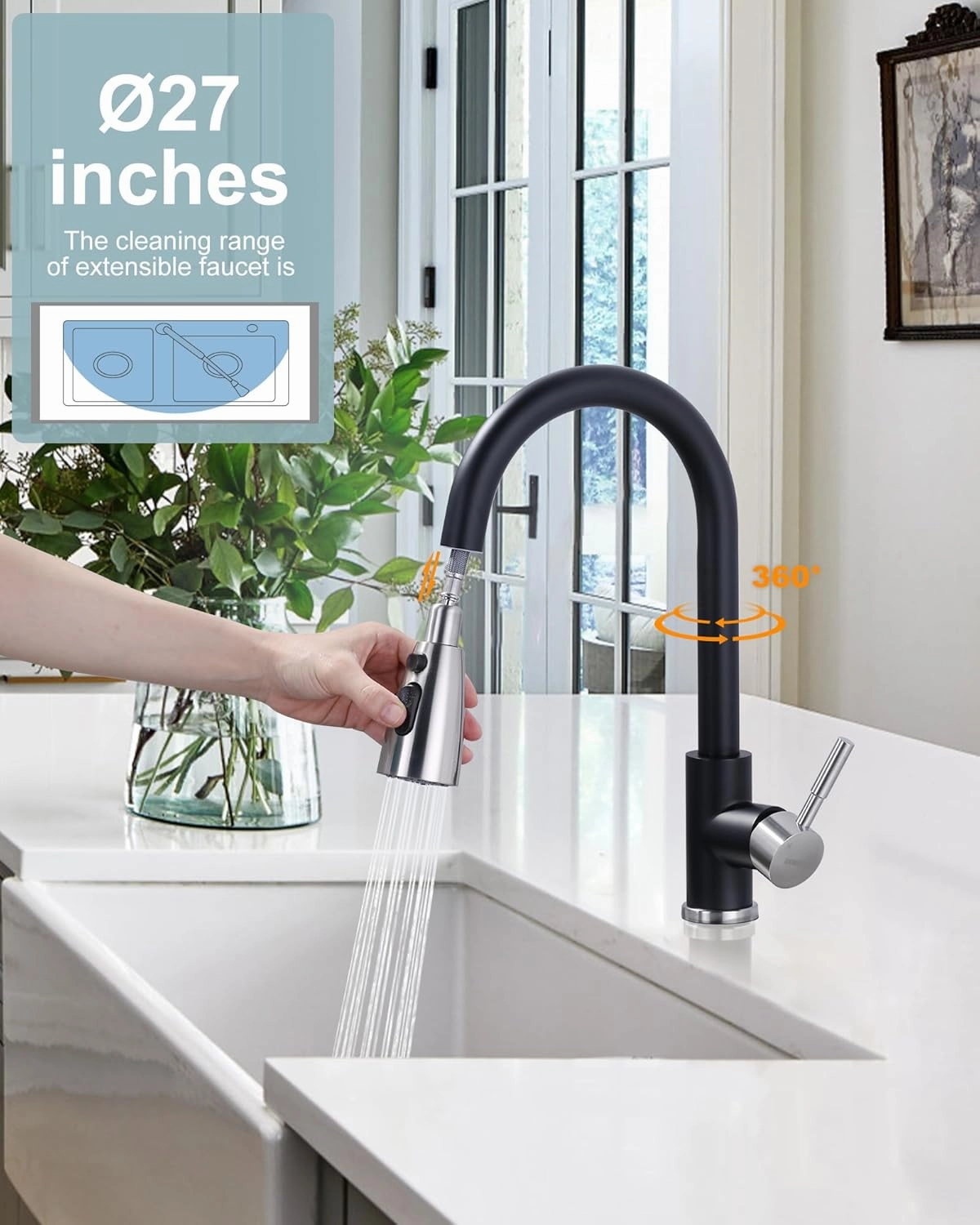 WOWOW Kitchen Faucets for Sink 1 or 3 Hole, High Arc Stainless Steel Kitchen Sink Faucet with Sprayer, Brushed Nickel and Black Faucet for Kitchen RV Laundry Sinks