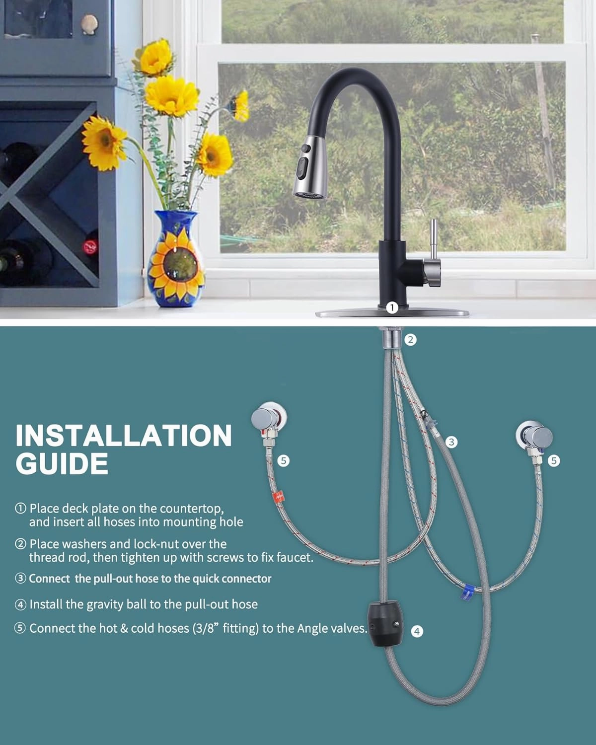 WOWOW Kitchen Faucets for Sink 1 or 3 Hole, High Arc Stainless Steel Kitchen Sink Faucet with Sprayer, Brushed Nickel and Black Faucet for Kitchen RV Laundry Sinks