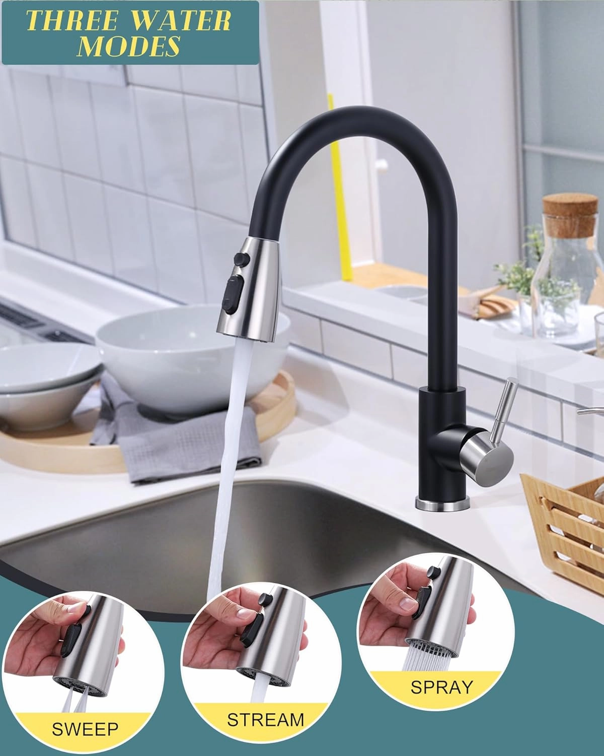 WOWOW Kitchen Faucets for Sink 1 or 3 Hole, High Arc Stainless Steel Kitchen Sink Faucet with Sprayer, Brushed Nickel and Black Faucet for Kitchen RV Laundry Sinks