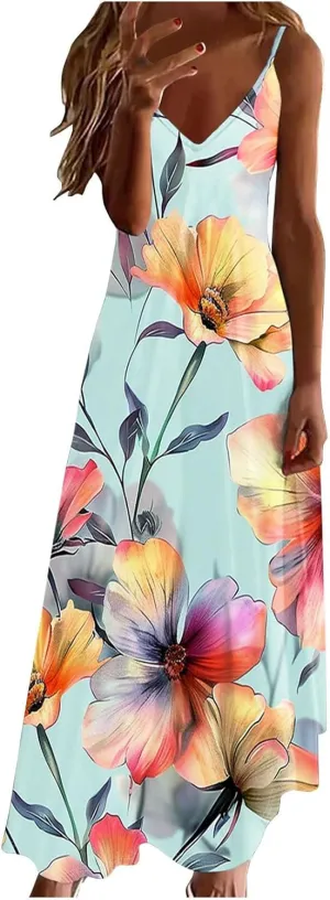 XUNRYAN 2025 Summer Dresses for Women Vacation Floral Dress Spaghetti Strap V-Neck Maxi Dress Casual Sundress Beach Outfit