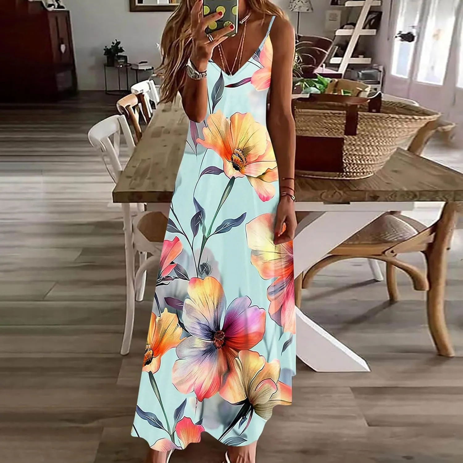 XUNRYAN 2025 Summer Dresses for Women Vacation Floral Dress Spaghetti Strap V-Neck Maxi Dress Casual Sundress Beach Outfit