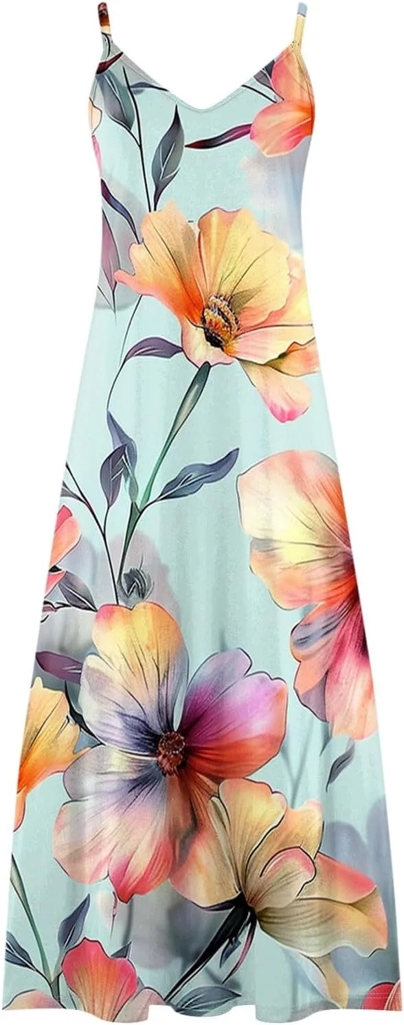 XUNRYAN 2025 Summer Dresses for Women Vacation Floral Dress Spaghetti Strap V-Neck Maxi Dress Casual Sundress Beach Outfit