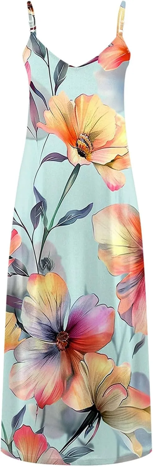 XUNRYAN 2025 Summer Dresses for Women Vacation Floral Dress Spaghetti Strap V-Neck Maxi Dress Casual Sundress Beach Outfit