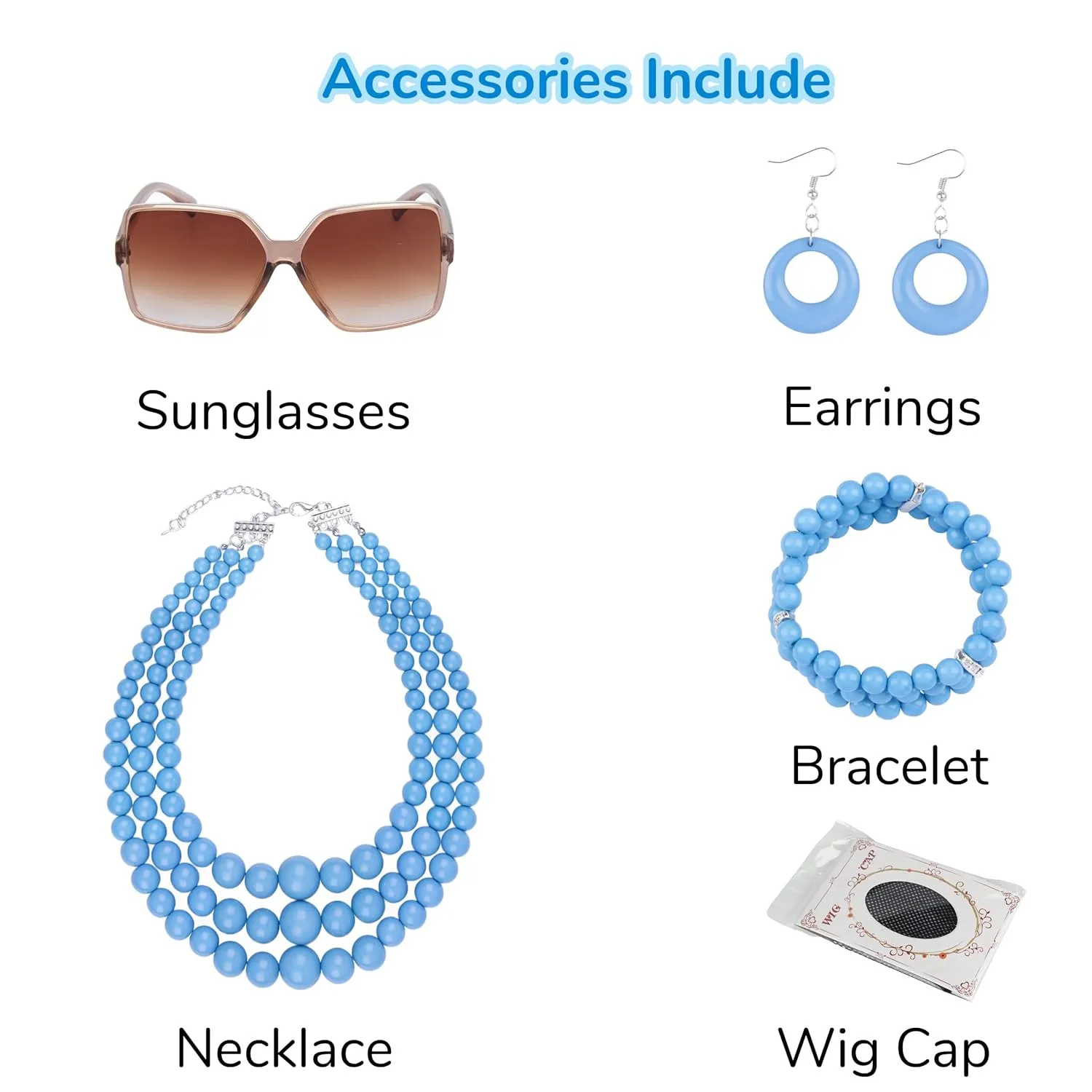 Yan Dream Women Short Curly Red Brown Wig and Glasses Blue Oversized Necklace Earrings Stacked Bracelets Party Halloween Wig