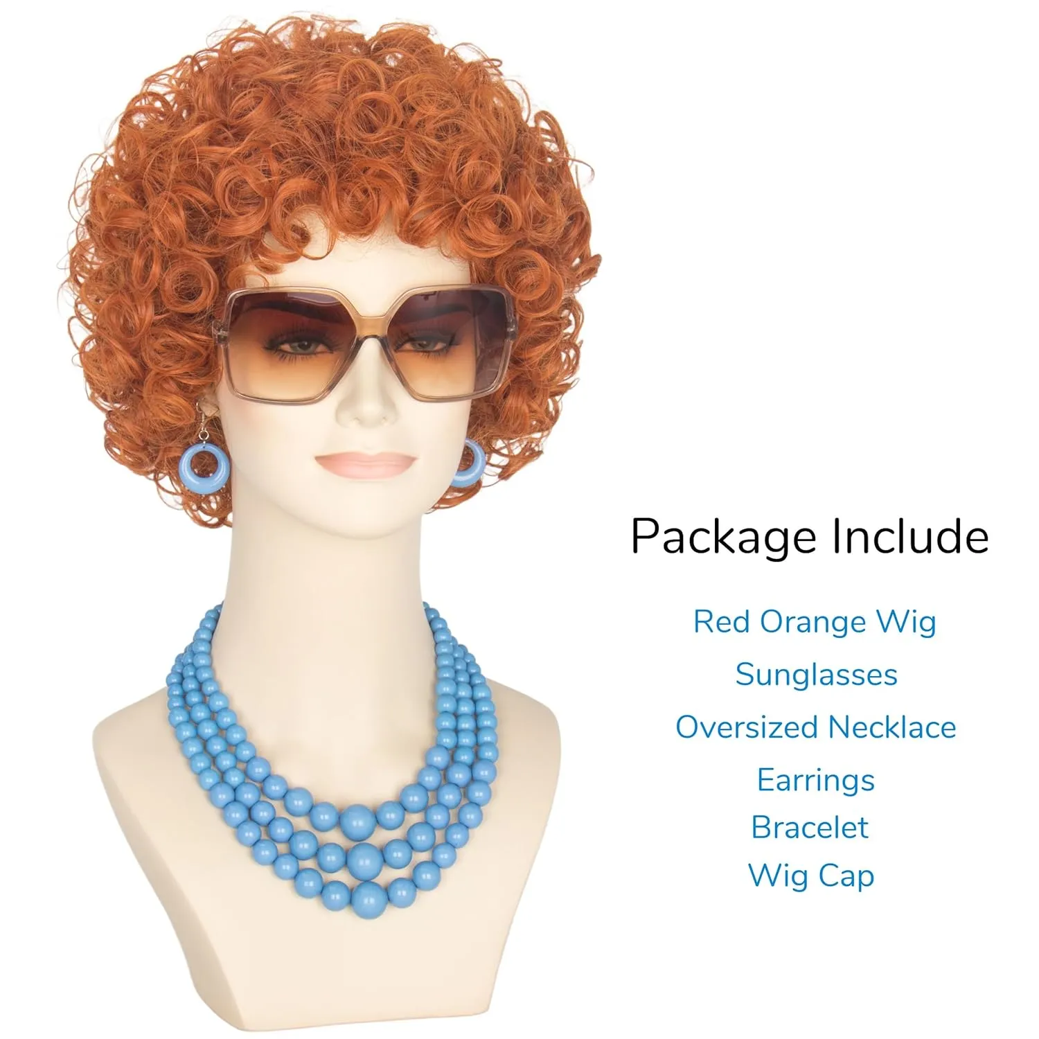 Yan Dream Women Short Curly Red Brown Wig and Glasses Blue Oversized Necklace Earrings Stacked Bracelets Party Halloween Wig