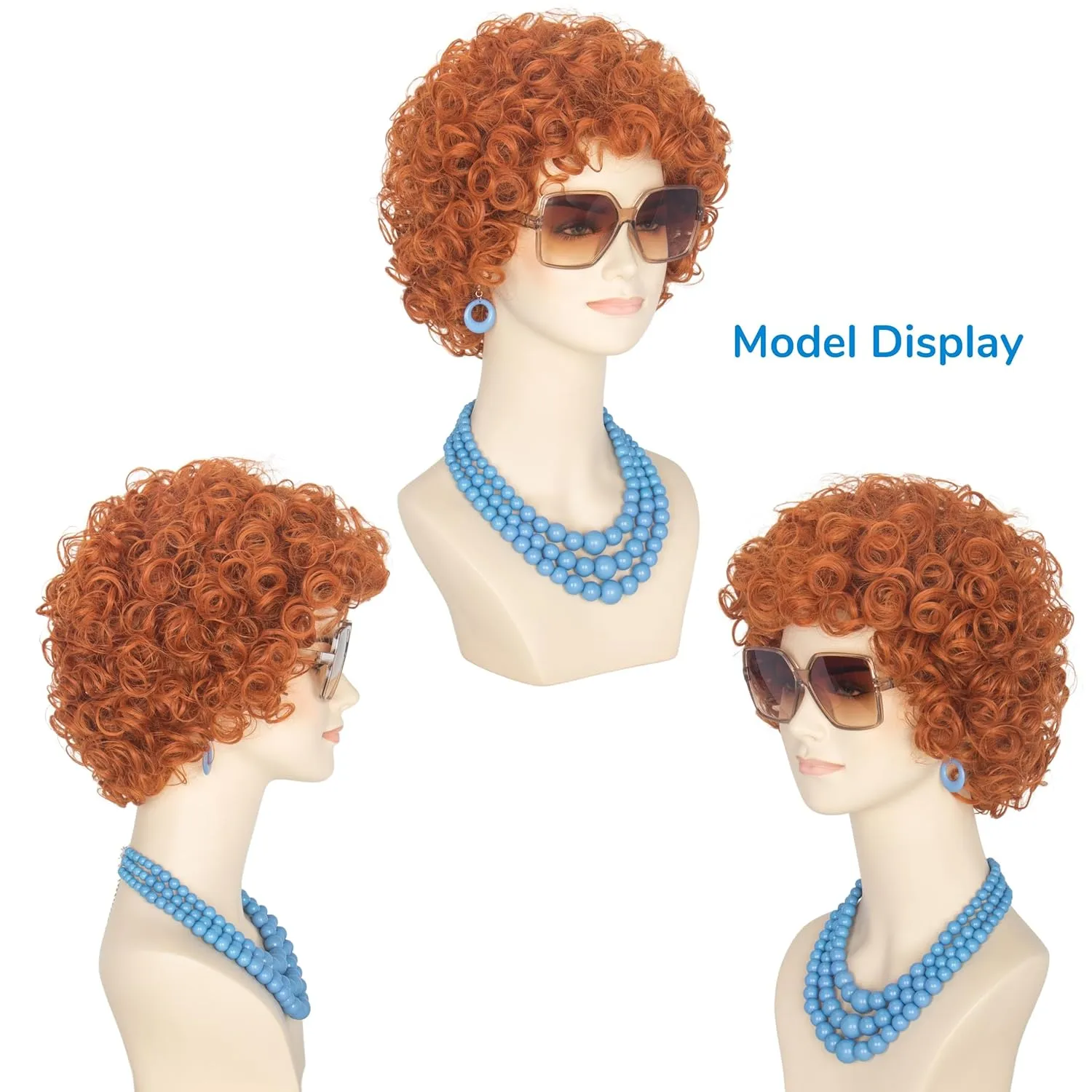 Yan Dream Women Short Curly Red Brown Wig and Glasses Blue Oversized Necklace Earrings Stacked Bracelets Party Halloween Wig